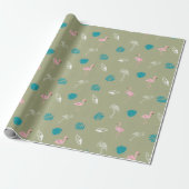Sage Green and Pink Flamingo Wrapping Paper Cadeaupapier (Uitgerold)