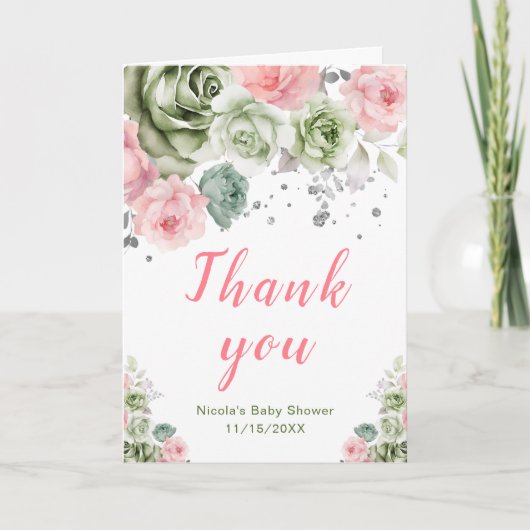 Sage Green and Pink Floral Baby Shower Bedankkaart (Voorkant)