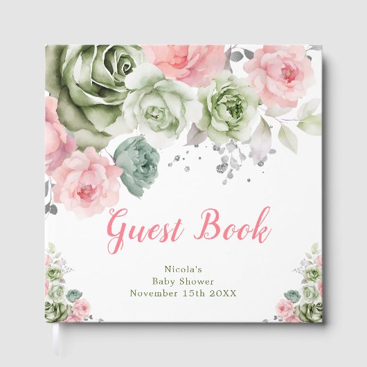 Sage Green and Pink Floral Baby Shower Gastenboek (Voorkant)