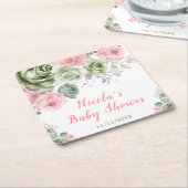 Sage Green and Pink Floral Baby Shower Kartonnen Onderzetters (Schuin)