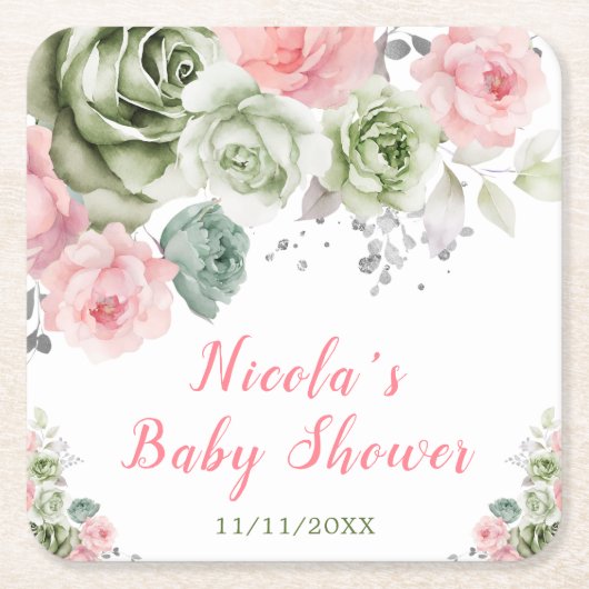 Sage Green and Pink Floral Baby Shower Kartonnen Onderzetters (Voorkant)