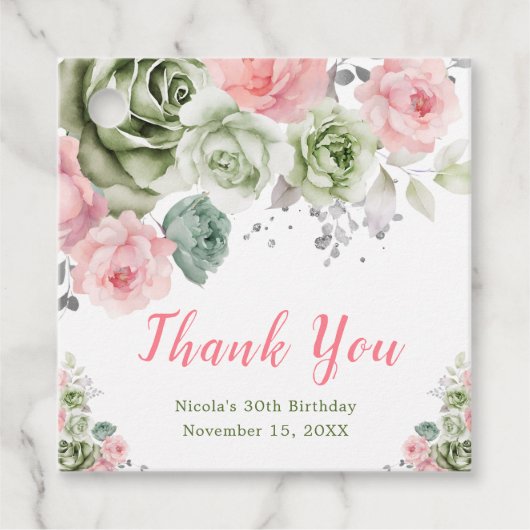 Sage Green and Pink Floral Birthday Bedankjes Labels (Voorkant)
