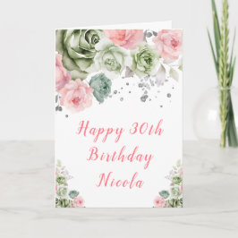 Sage Green and Pink Floral Birthday Kaart