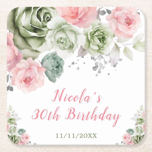 Sage Green and Pink Floral Birthday Kartonnen Onderzetters (Voorkant)