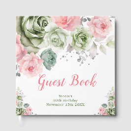 Sage Green and Pink Floral Birthday Party Gastenboek