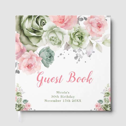 Sage Green and Pink Floral Birthday Party Gastenboek (Voorkant)