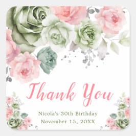 Sage Green and Pink Floral Birthday Vierkante Sticker