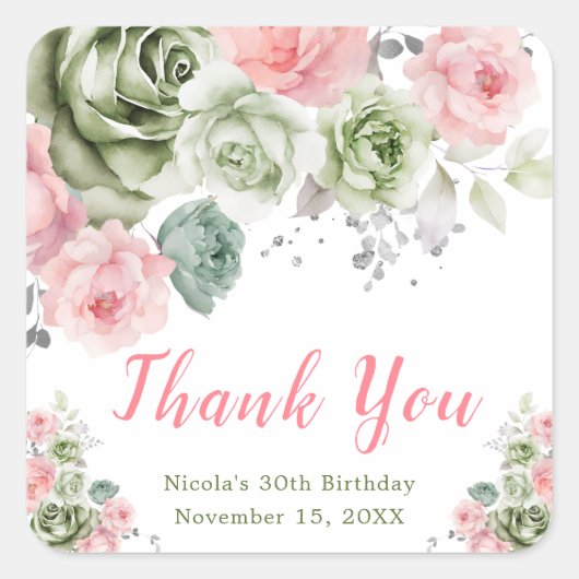 Sage Green and Pink Floral Birthday Vierkante Sticker (Voorkant)