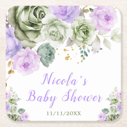 Sage Green and Purple Floral Baby Shower Kartonnen Onderzetters (Voorkant)