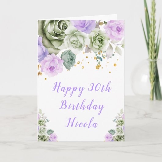 Sage Green and Purple Floral Birthday Kaart (Voorkant)