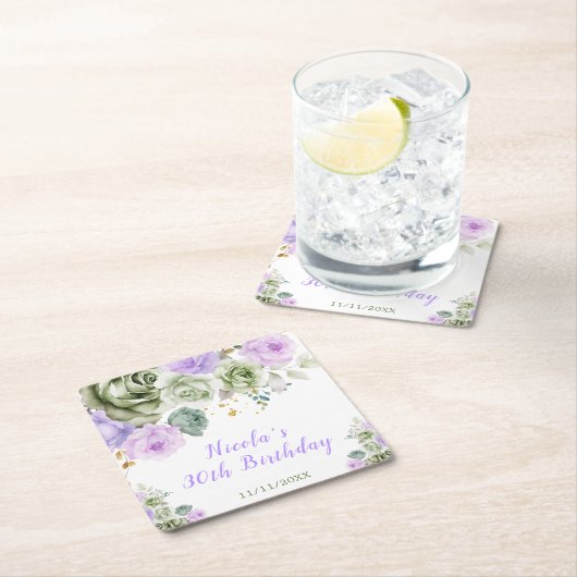 Sage Green and Purple Floral Birthday Party Kartonnen Onderzetters (Insitu)