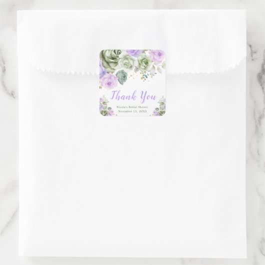 Sage Green and Purple Floral Bridal Shower Vierkante Sticker (Tas)