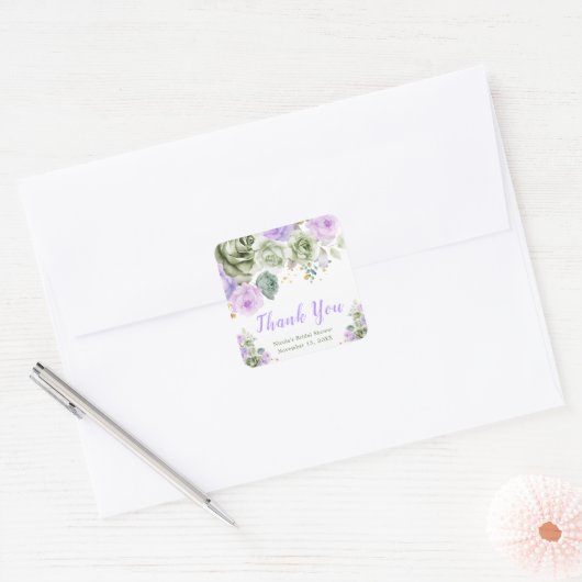 Sage Green and Purple Floral Bridal Shower Vierkante Sticker (Envelop)