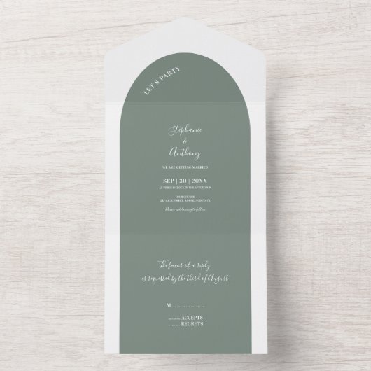 Sage Green and White Arch Wedding All In One Uitnodiging (Binnen)