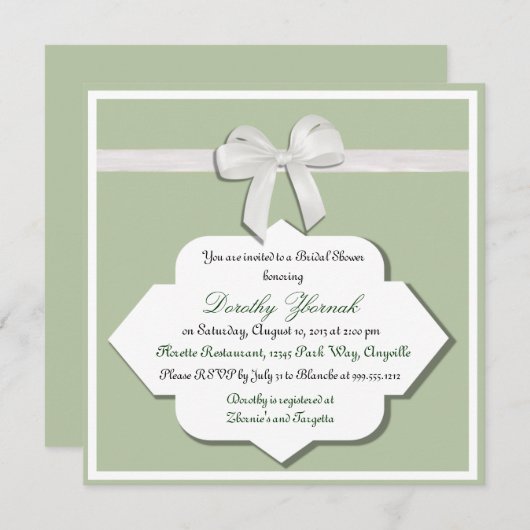 Sage Green and White Bow Bridal Shower Invitation Kaart (Voorkant / Achterkant)