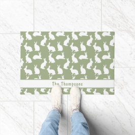 Sage Green And White Bunnies With Name Easter Deurmat