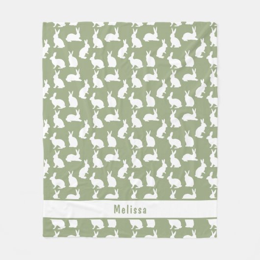 Sage Green And White Bunny Pattern And Name Easter Fleece Deken (Voorkant)