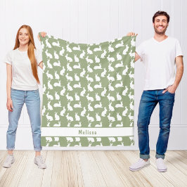 Sage Green And White Bunny Pattern And Name Easter Fleece Deken