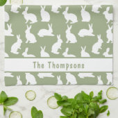 Sage Green And White Bunny Pattern And Name Easter Theedoek (Gevouwen)