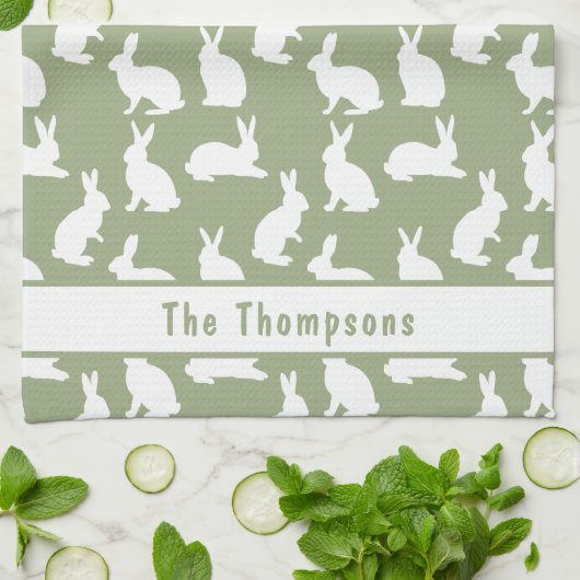 Sage Green And White Bunny Pattern And Name Easter Theedoek (Gevouwen)