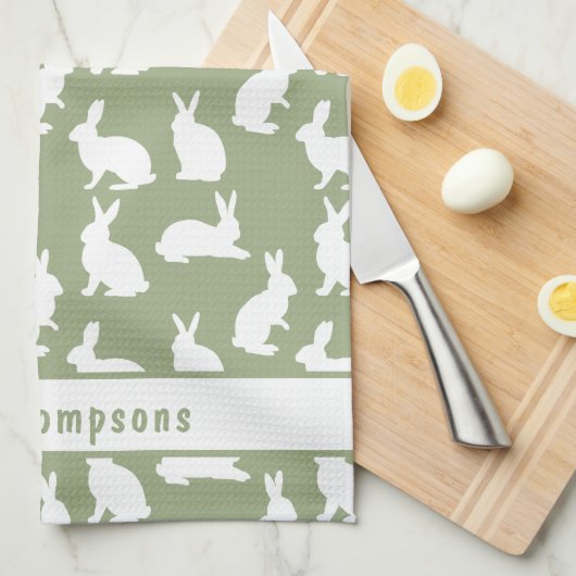 Sage Green And White Bunny Pattern And Name Easter Theedoek (Quarter Fold)
