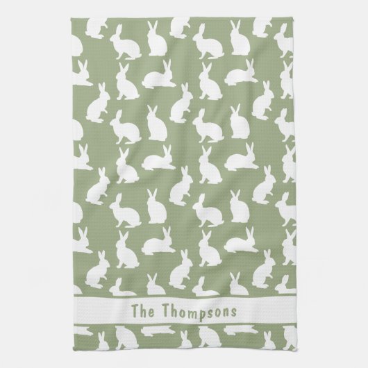 Sage Green And White Bunny Pattern And Name Easter Theedoek (Verticaal)
