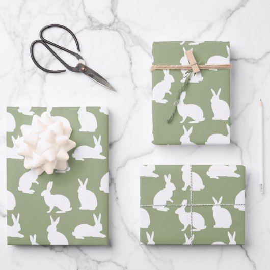 Sage Green And White Bunny Pattern Modern Easter Inpakpapier Vel (Voorkant)