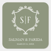 Sage Green and White Crest Monogram Wedding Vierkante Sticker (Voorkant)