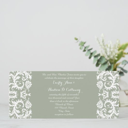 Sage Green and White Damask Wedding Kaart (Staand voorkant)