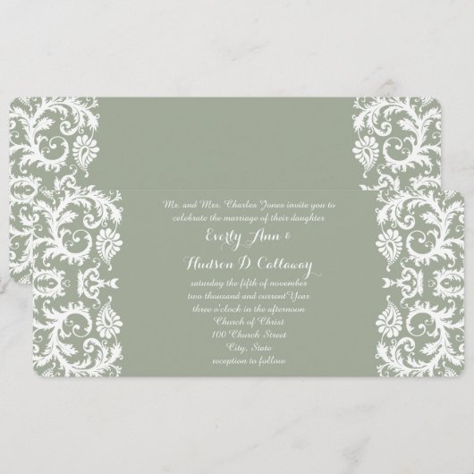 Sage Green and White Damask Wedding Kaart (Voorkant / Achterkant)
