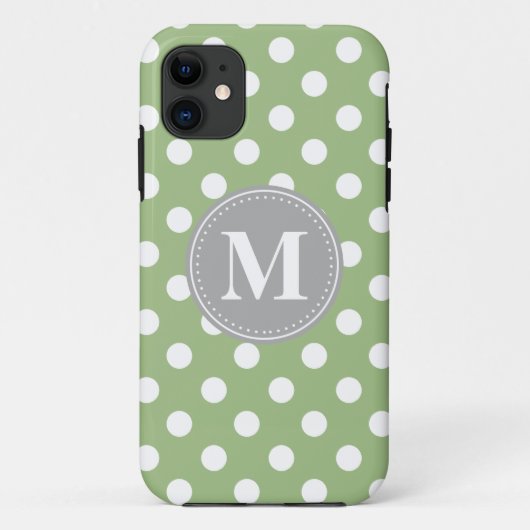 Sage Green and White Polka Dots Gray Monogram Case-Mate iPhone Case (Achterkant)