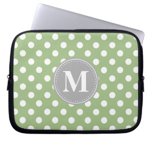 Sage Green and White Polka Dots Gray Monogram Laptop Sleeve