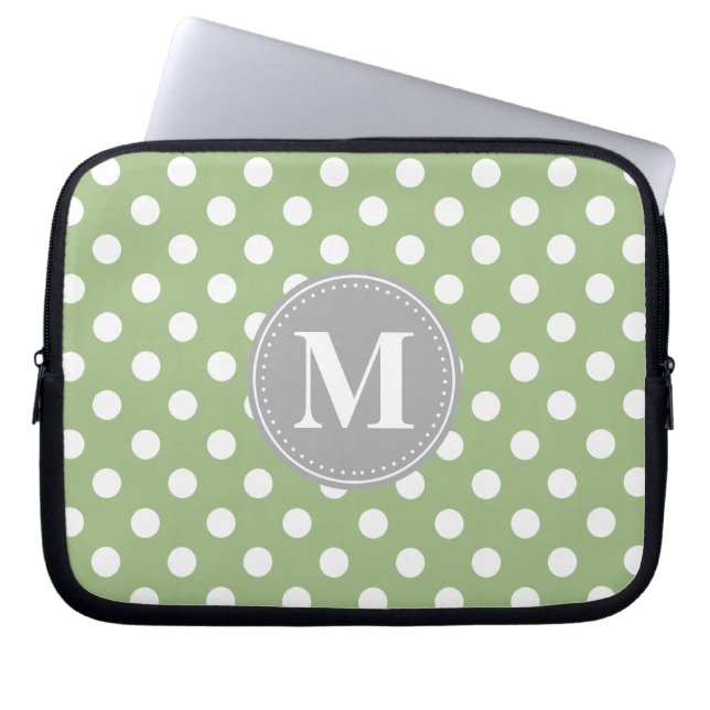 Sage Green and White Polka Dots Gray Monogram Laptop Sleeve (Voorkant)