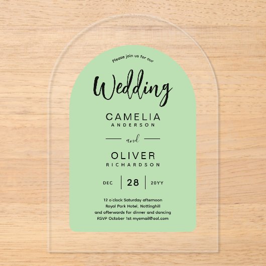 Sage Green Arch Acryl Wedding nodigt uit tot moder Acryl Uitnodigingen (Voorkant)