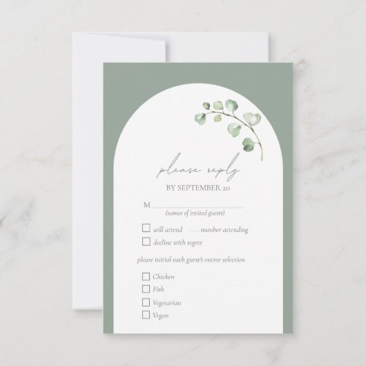 Sage Green Arch Botanische Bruiloft Maaltijd keuze RSVP Kaartje (Achterkant)