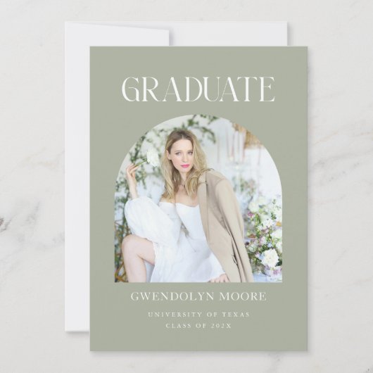 Sage Green Arch Foto Afstuderen Aankondiging Kaart (Voorkant)