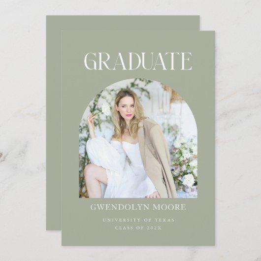 Sage Green Arch Foto Afstuderen Aankondiging Kaart (Voorkant / Achterkant)