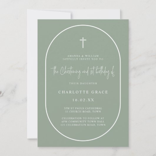 Sage Green Arch Modern Joint Christening Birthday Kaart (Voorkant)