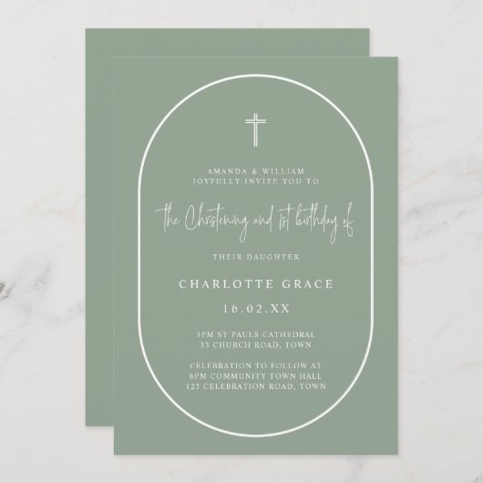 Sage Green Arch Modern Joint Christening Birthday Kaart (Voorkant / Achterkant)