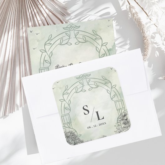 Sage Green Arch Monogram Initials Wedding Envelope Vierkante Sticker