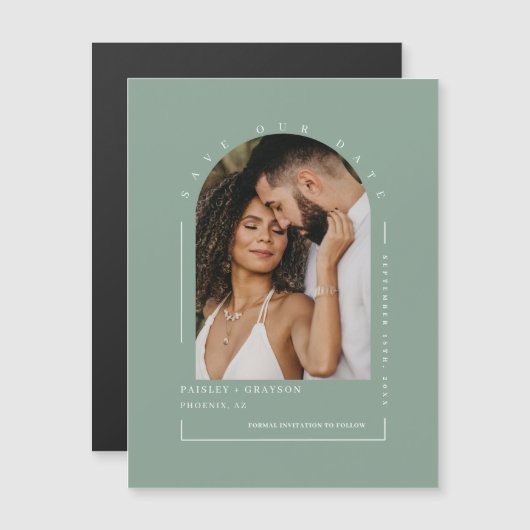 Sage Green Arch Photo Save Our Date Magnetic Kaart (Voorkant / Achterkant)