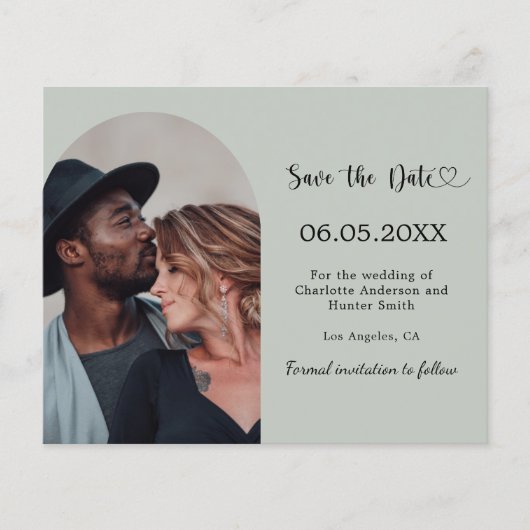 Sage green arch photo wedding Save the Date card (Voorkant)