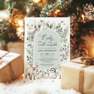 Sage Green Arctic Animals Winter Baby shower Kaart