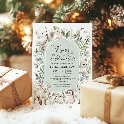 Sage Green Arctic Animals Winter Baby shower Kaart