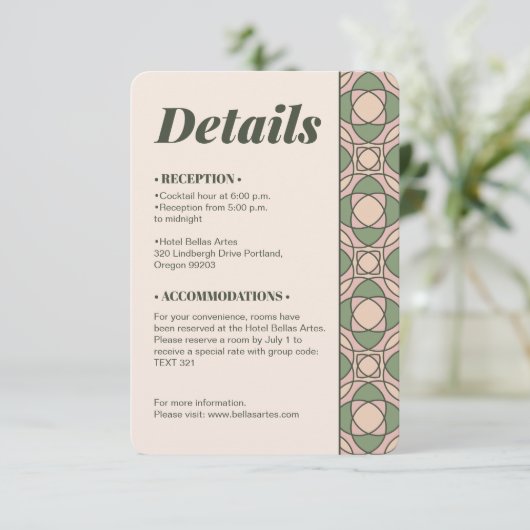 Sage Green Art Deco Wedding Details QR Code Card Informatiekaartje (Staand voorkant)