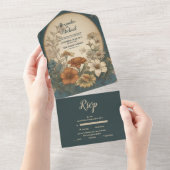 Sage Green Art Nouveau Alphonse Mucha Wedding All In One Uitnodiging (Afscheurbaar)