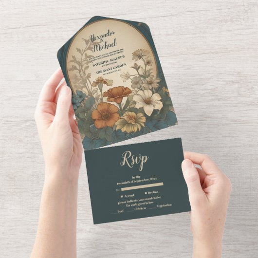 Sage Green Art Nouveau Alphonse Mucha Wedding All In One Uitnodiging (Afscheurbaar)