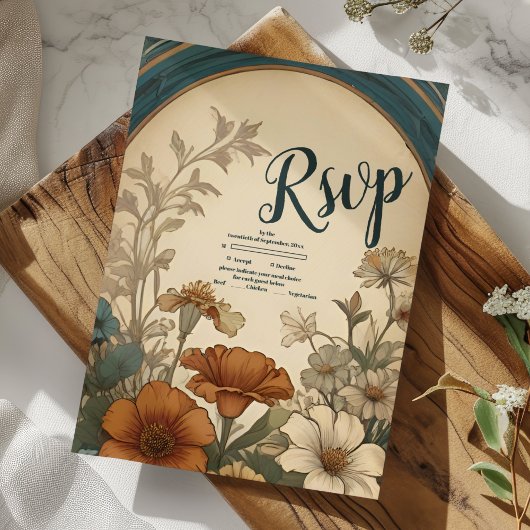 Sage Green Art Nouveau Alphonse Mucha Wedding RSVP Kaartje