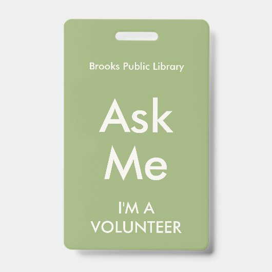 Sage Green Ask me Badge voor vrijwilligers (Voorkant)