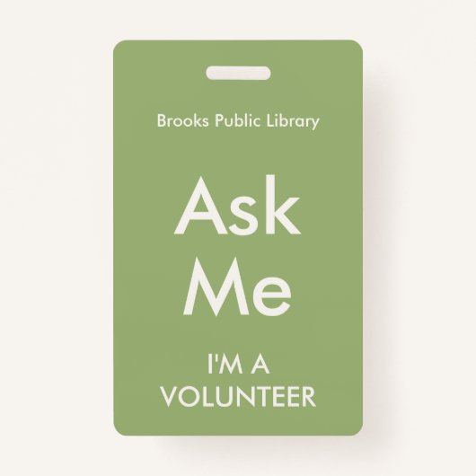 Sage Green Ask me Badge voor vrijwilligers (Voorkant)